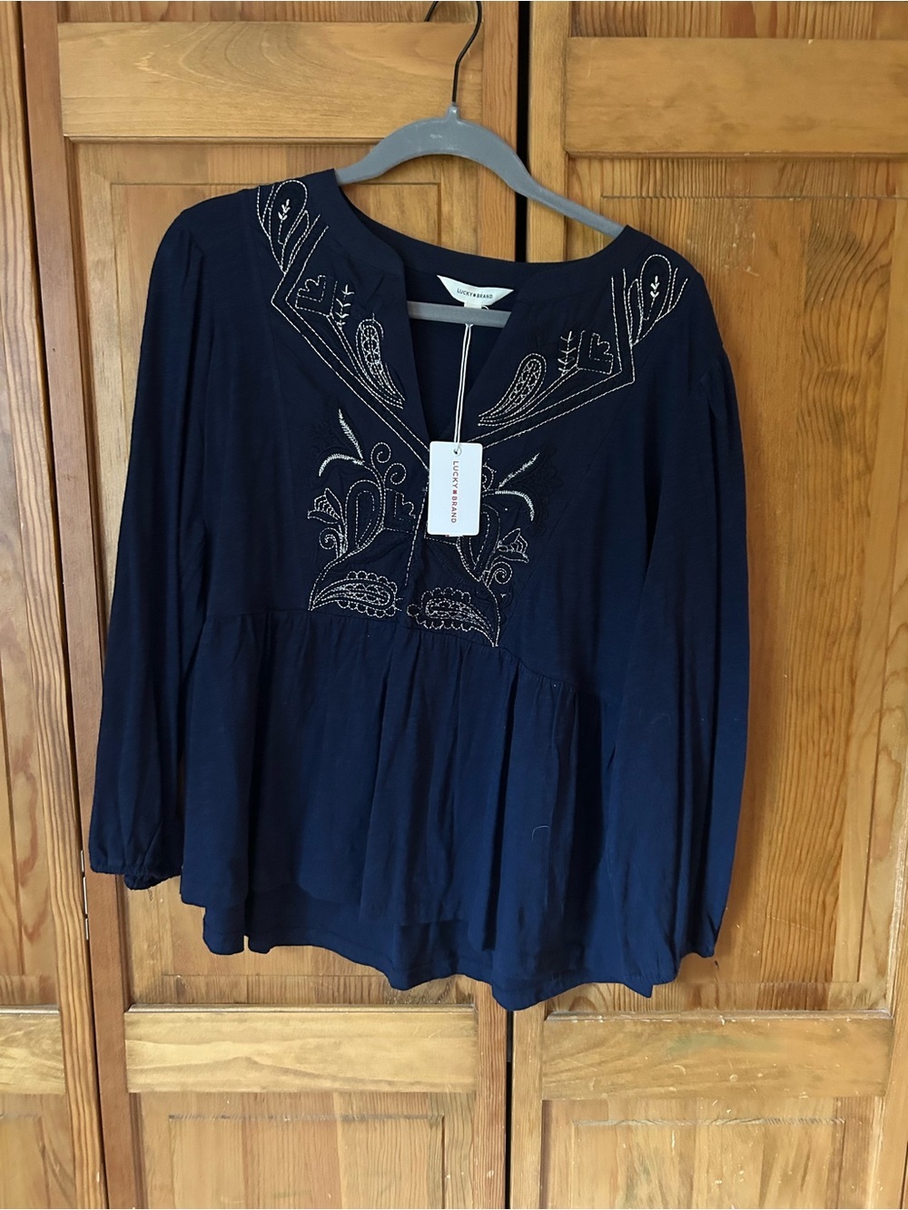 Lucky Brand Navy Blue Embroidered Tunic Top